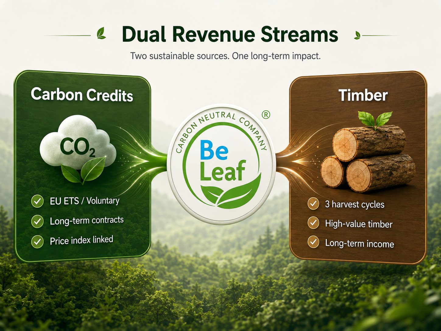 BELEAF dual revenue model — CO₂ credits and timber value streams.