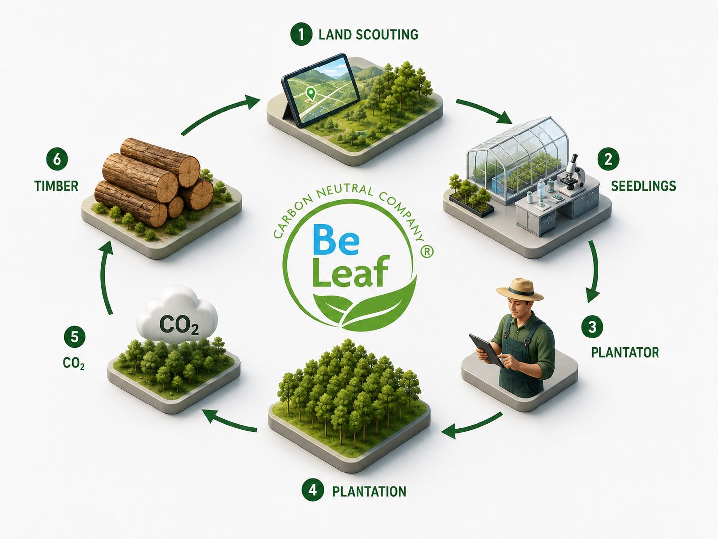 Six-step BELEAF process cycle from land to CO₂ credit and timber.